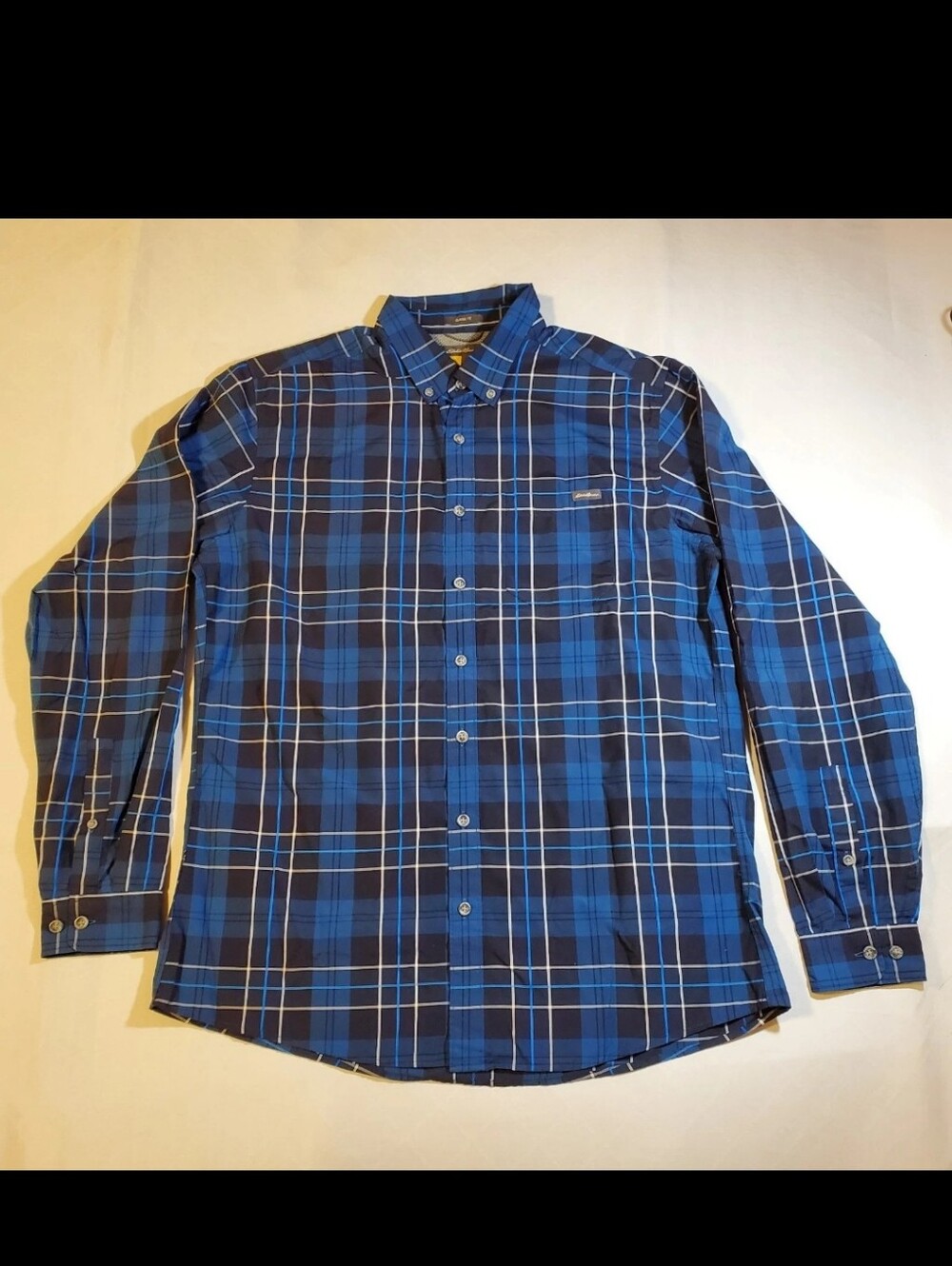 Eddie Bauer Performance Flannel Shirt Mens Tall Large TL Plaid Blue Button Up